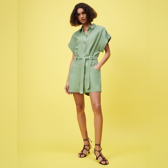 Zara Linen TOPSTITCHED Short JUMPSUIT Romper w/ Belt Green Size XS NEW - Picture 2 of 8